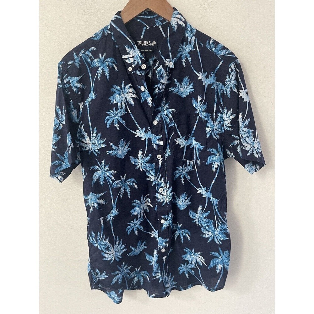 Trunks Surf And Swim Mens Navy Blue Size M Palm Tree Short Sleeve Tropical Shirt